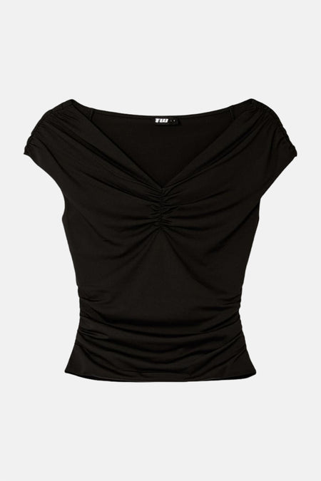 Zwart T-shirt met ruches aan de voorkant van TALLY WEIJL, korte mouwen, strakke pasvorm, front view