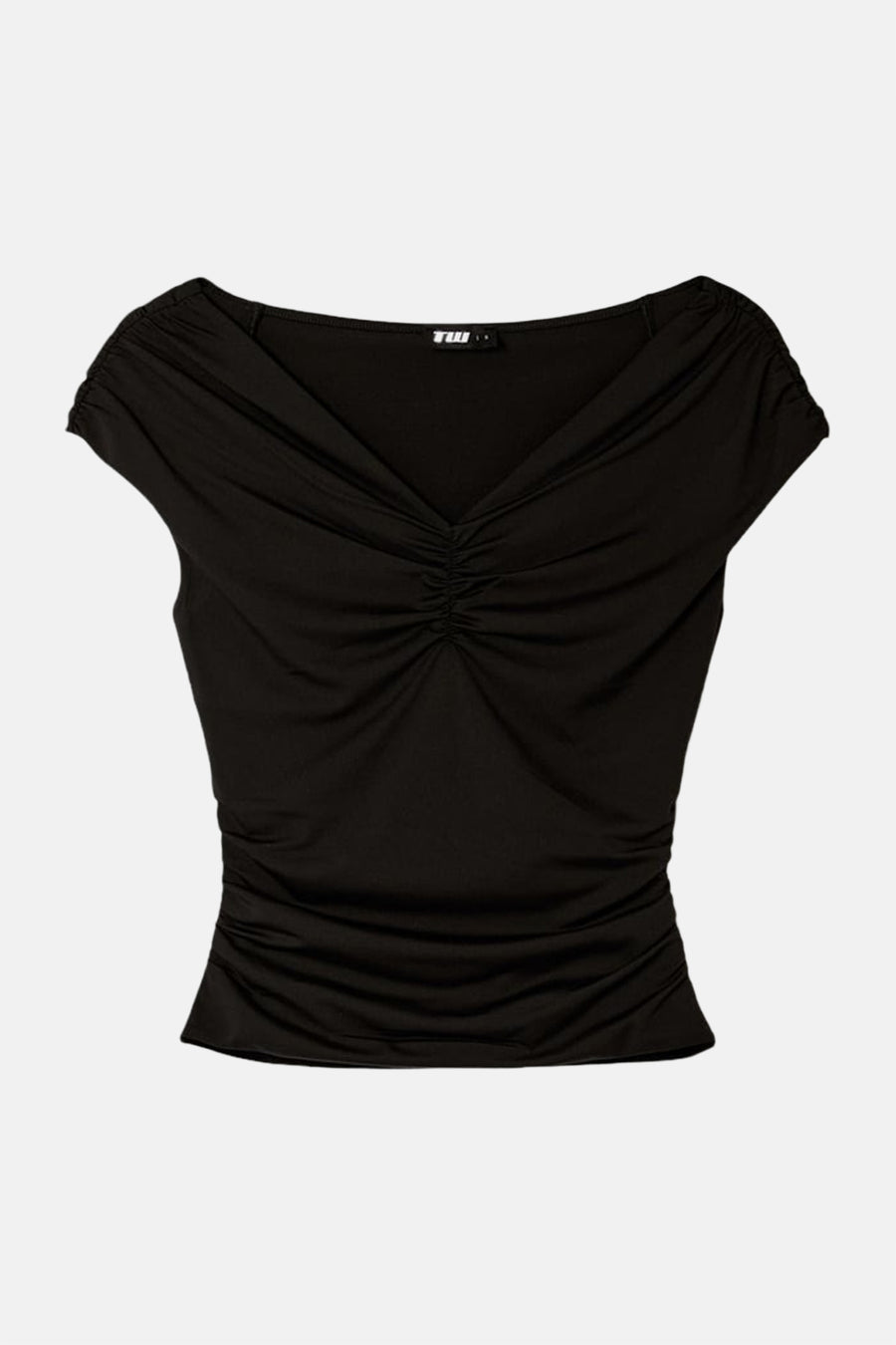 Zwart T-shirt met ruches aan de voorkant van TALLY WEIJL, korte mouwen, strakke pasvorm, front view