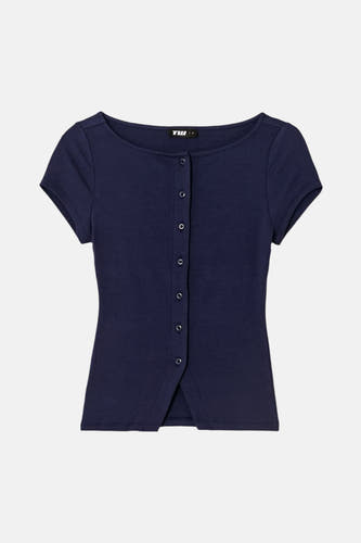 T-shirt bleu à manches courtes de TALLY WEIJL, avec col rond, fermeture à boutons et une petite fente à l'avant.