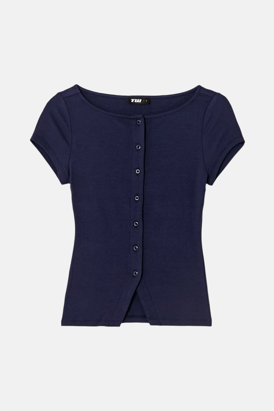 T-shirt bleu à manches courtes de TALLY WEIJL, avec col rond, fermeture à boutons et une petite fente à l'avant.