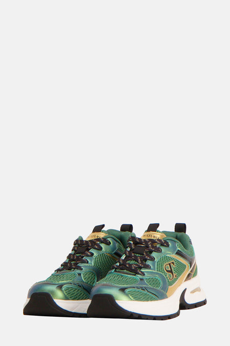 Sneakers verts de SUPERTRASH, vus en vue arrière, avec des accents noirs et dorés sur la semelle.