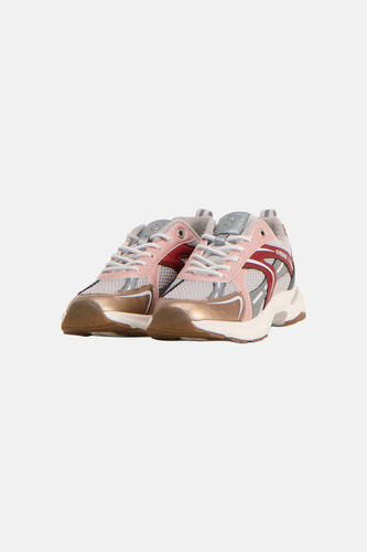 Baskets multicolores de SUPERTRASH, vue arrière avec maille grise, accents sarcelle et bronze, semelle blanche avec chambre à air et tirettes réfléchissantes au talon.