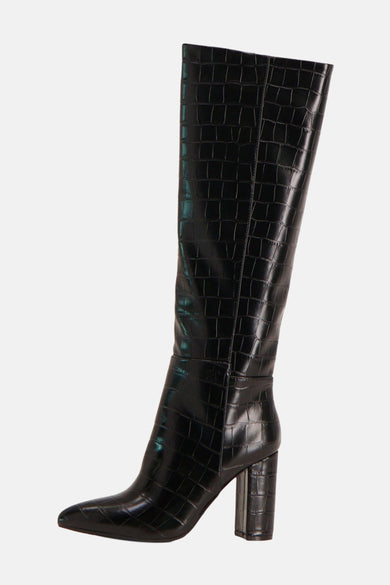 Bottes noires de SUPERTRASH avec un motif de crocodile et des semelles compensées.