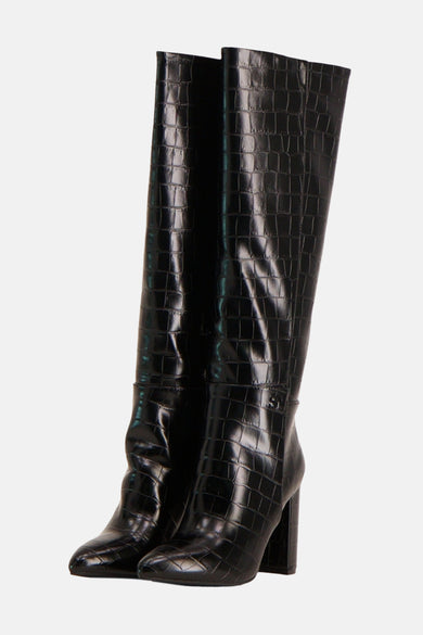 Bottes noires de SUPERTRASH avec une texture imprimée crocodile.