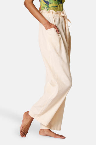 Beige broek van SUNSET STUDIO, met een losse pasvorm, een papieren zak taille en een strikceintuur.
