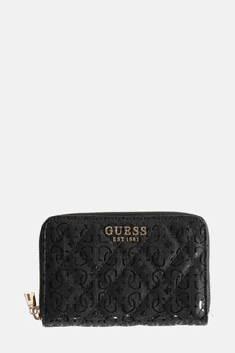Portefeuille noir de Guess, avec un motif de lunettes effiloché et une fermeture à glissière dorée.