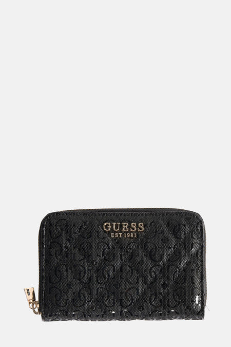 Portefeuille noir de Guess, avec un motif de lunettes effiloché et une fermeture à glissière dorée.