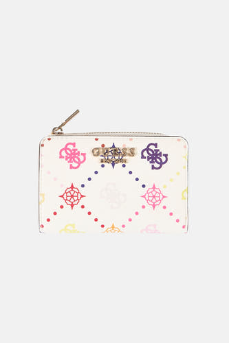 Portefeuille multicolore Guess avec motifs logo et pois multicolores et fermeture à glissière.