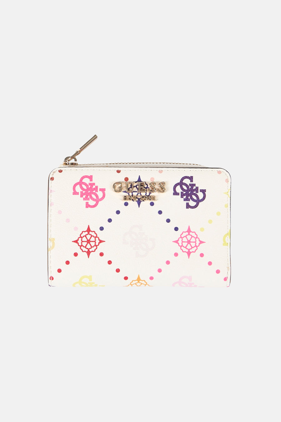 Portefeuille multicolore Guess avec motifs logo et pois multicolores et fermeture à glissière.