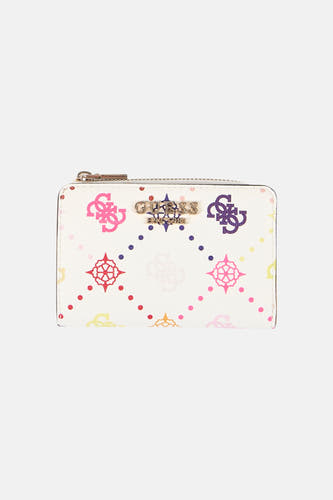 Portefeuille de sport multicolore pour femme Guess avec diverses impressions de logo et de motif.