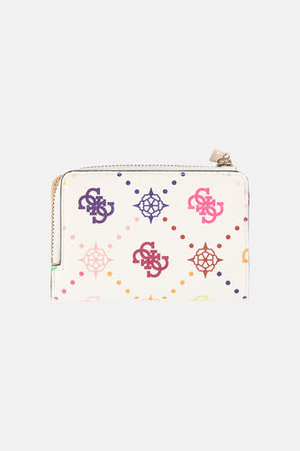Multicolour portemonnee van Guess met meerkleurige logo- en stipdessins en een ritssluiting.
