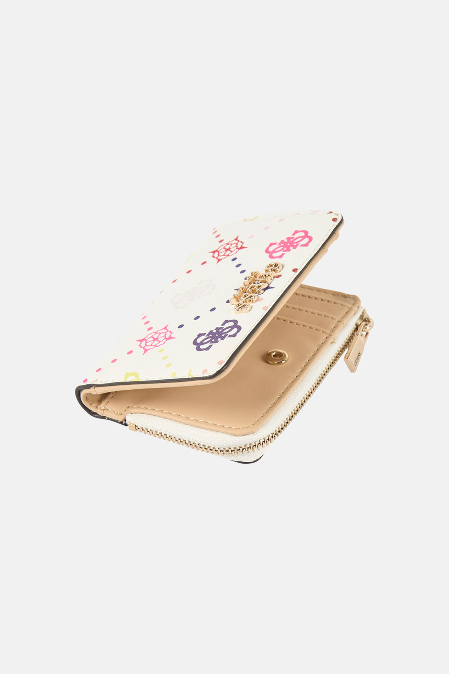 Portefeuille de sport multicolore pour femme de Guess, avec divers motifs colorés et un logo doré.