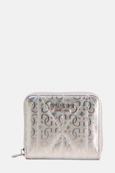 Portefeuille en argent de Guess avec imprimé logo complet et fermeture à glissière.