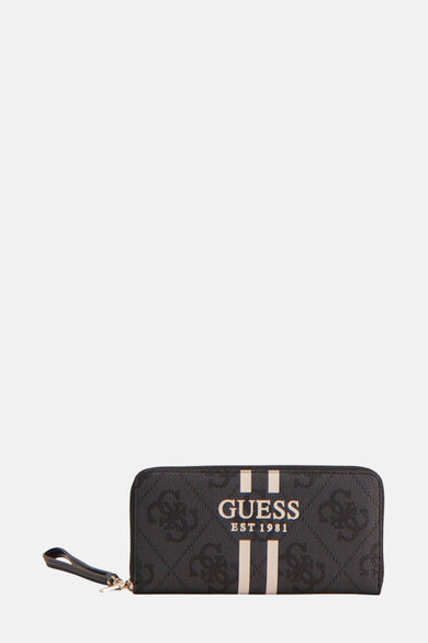 Portefeuille noir Guess avec logo et détail à rayures.