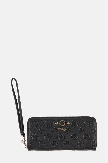 Portefeuille noir Guess avec un motif de logo intégral et une bande de poignet.