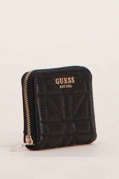 Portefeuille noir Guess avec motif de lunettes et fermeture à glissière argentée.