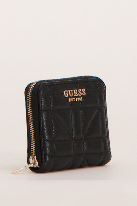 Portefeuille noir Guess avec motif de lunettes et fermeture à glissière argentée.