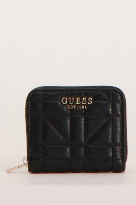 Portefeuille noir Guess avec un motif de vitres effiloché et une fermeture à glissière argentée.