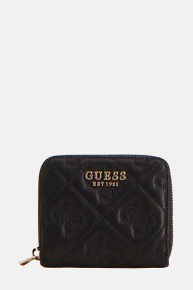 Portefeuille noir de Guess® avec un motif de lunettes subtilement imprimé et une fermeture à glissière dorée.