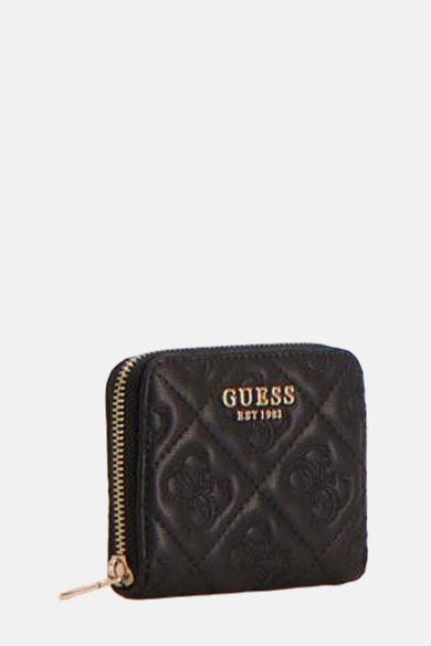 Portefeuille noir Guess avec un motif de logo intégral et une fermeture à glissière dorée.
