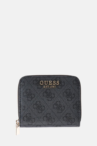 Portefeuille noir de Guess avec fermeture éclair dorée et compartiments internes.