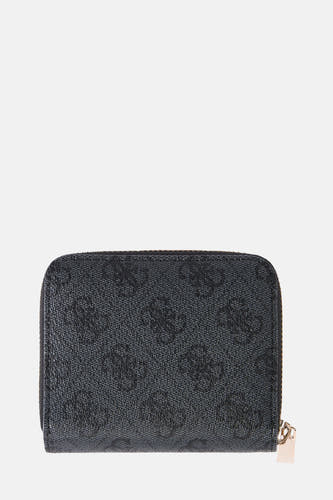 Portefeuille noir Guess avec un motif de logo subtil et une fermeture à glissière dorée.