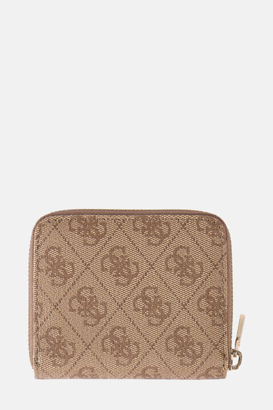 Portefeuille brun de Guess avec un motif de logos et une fermeture éclair.