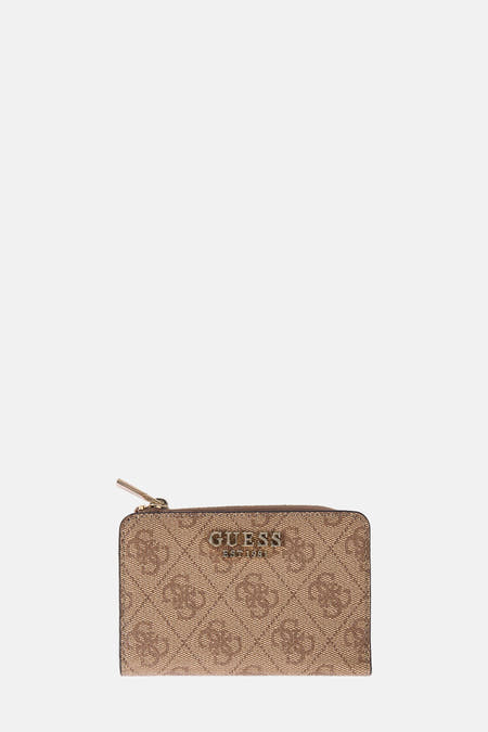 Portefeuille brun de Guess avec logo imprimé et hardware dorée, ouvert sur un fond blanc.