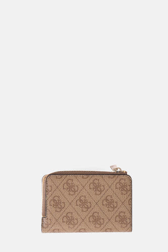 Portefeuille marron de Guess avec imprimé logo partout et fermeture à glissière.