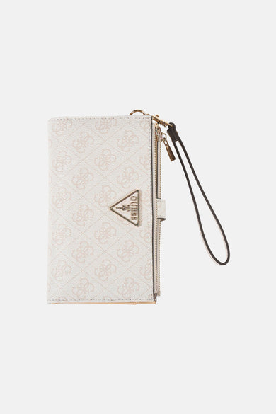 Portefeuille beige Guess, avec un imprimé logo intégral et une dragonne.