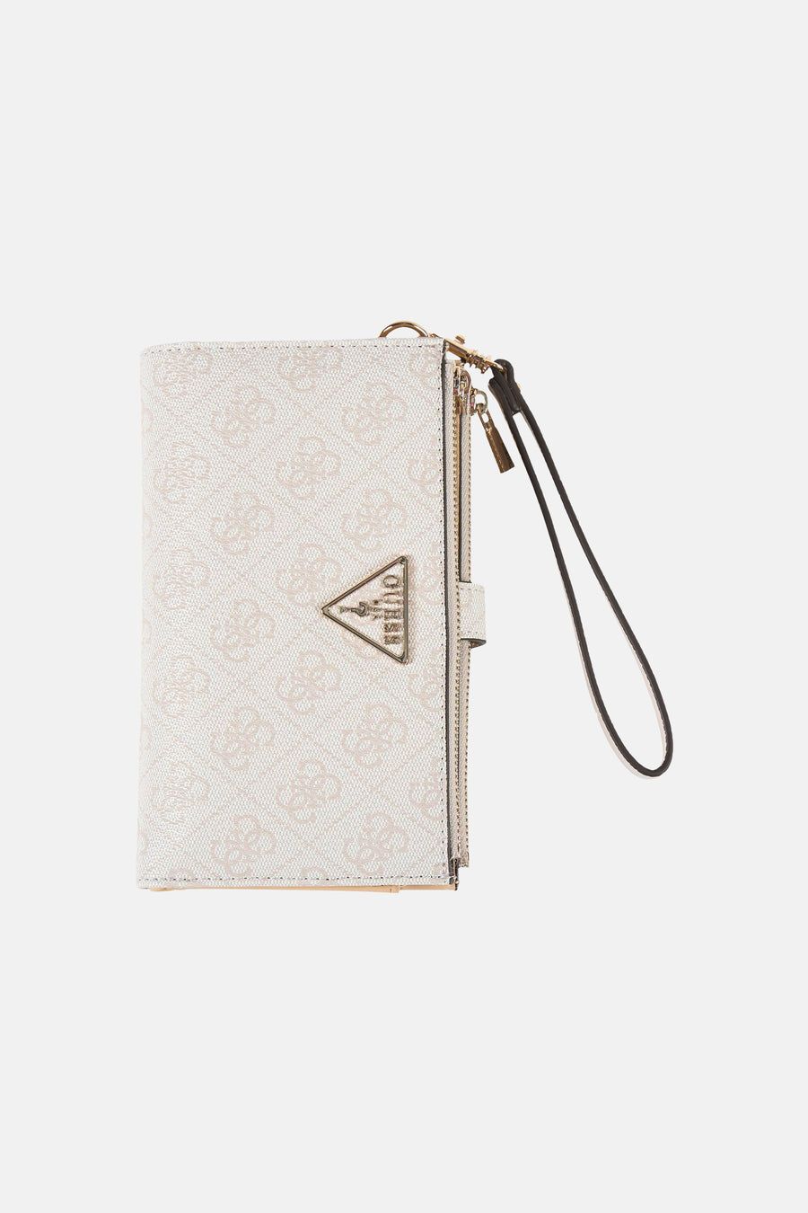 Portefeuille beige Guess, avec un imprimé logo intégral et une dragonne.