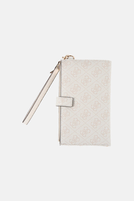 Beige portefeuille van Guess, met een all-over logo print en een polsbandje.