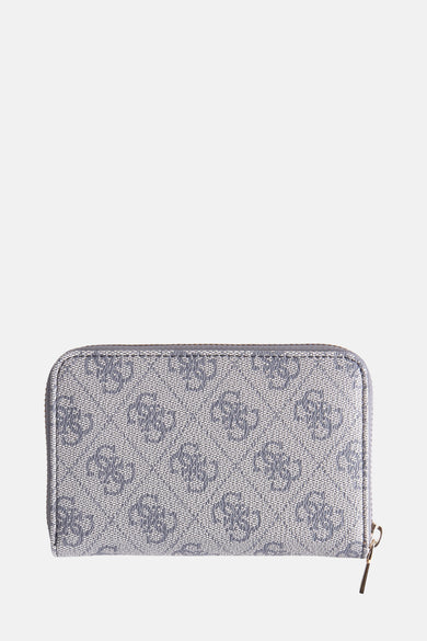 Portefeuille bleu Guess avec un motif de logo subtil et une fermeture à glissière dorée.