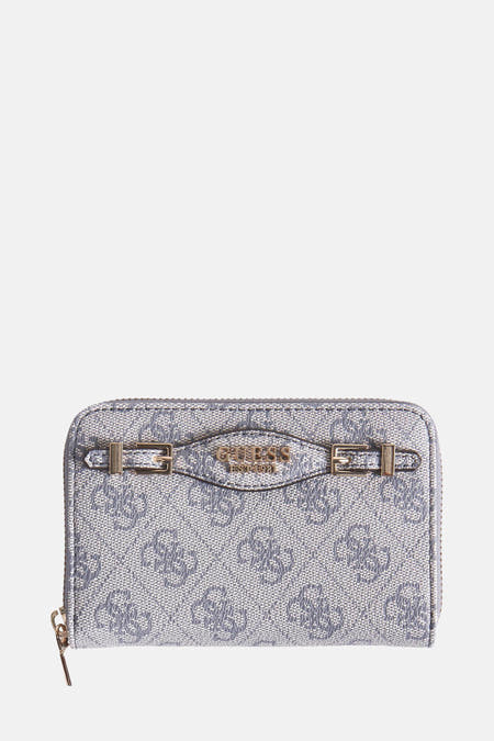 Portefeuille bleu Guess avec une impression de logo partout et un détail de boucle d'or.