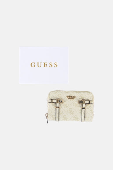 Portefeuille verte pour femme Guess verte, avec un imprimé intégral du logo de la marque et une fermeture à glissière.
