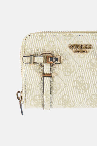 Groene damesportemonnee van Guess®, met een patroon en goudkleurige details.
