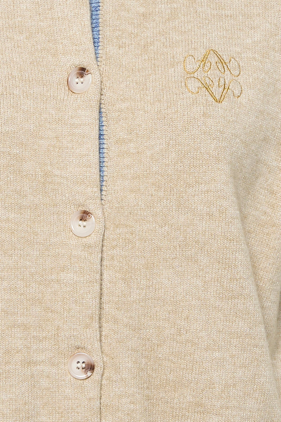 Pull beige ADORE avec fermeture à boutons et broderie décorative dorée.