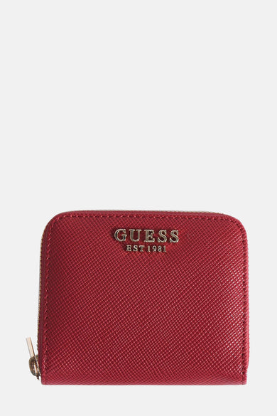 Portefeuille rouge de Guess avec fermeture à glissière et texture en relief.