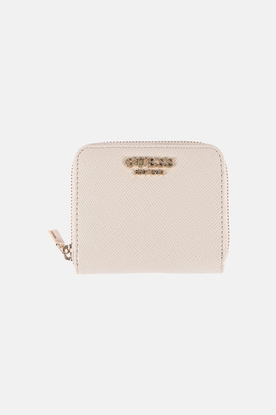 Portefeuille beige Guess, avec fermeture éclair et une texture subtile.