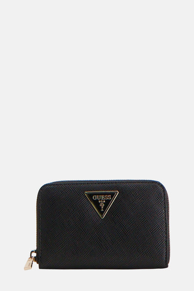 Portefeuille noir de Guess, avec fermeture éclair et texture douce.