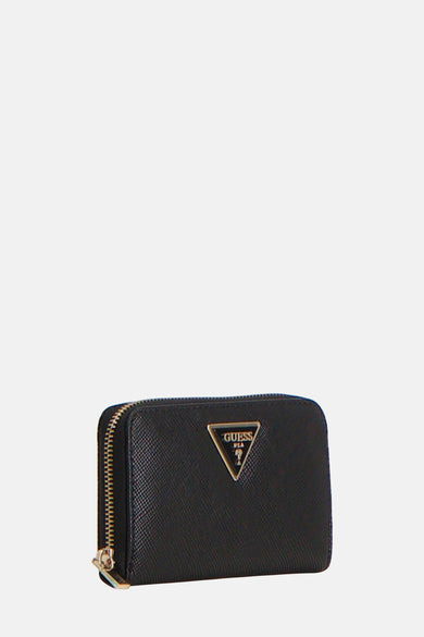 Portefeuille noir de Guess avec fermeture à glissière dorée et logo triangulaire sur l'avant.