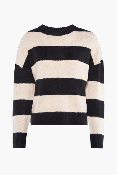 Pull-over tricoté noir avec col rond de HAILYS, rayé en noir et crème.