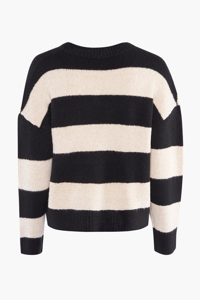Gilet rayé noir et beige de HAILYS avec col rond, manches longues et texture côtelée.
