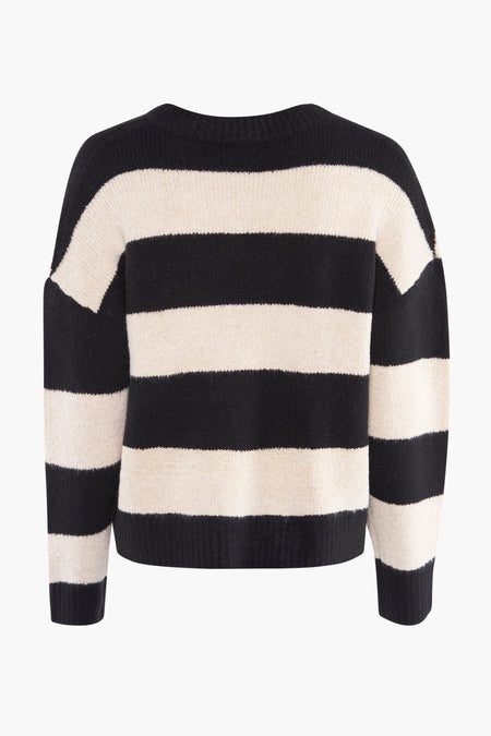Gilet rayé noir et beige de HAILYS avec col rond, manches longues et texture côtelée.