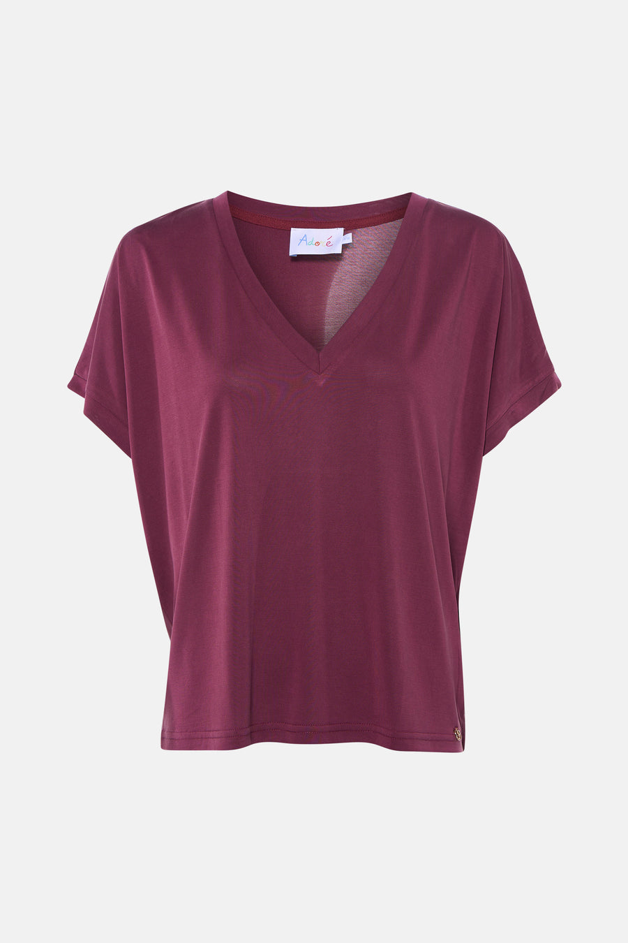 Paarse korte mouwen T-shirt met V-hals van ADORE, zachte stof, front view
