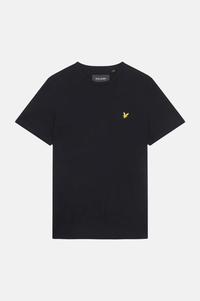 T-shirt à manches courtes noir de LYLE & SCOTT, avec col rond et un logo d'aigle jaune sur la poitrine.