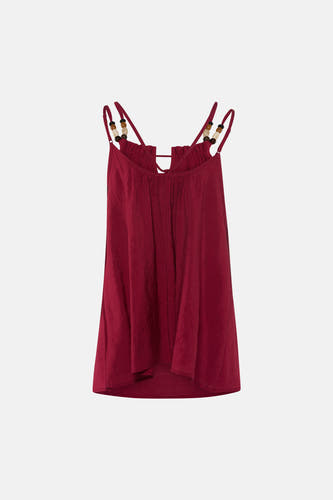 Rode mouwloze blouse van ADORE met gekruiste bandjes en houten kralen, lichte textuur, vooraanzicht