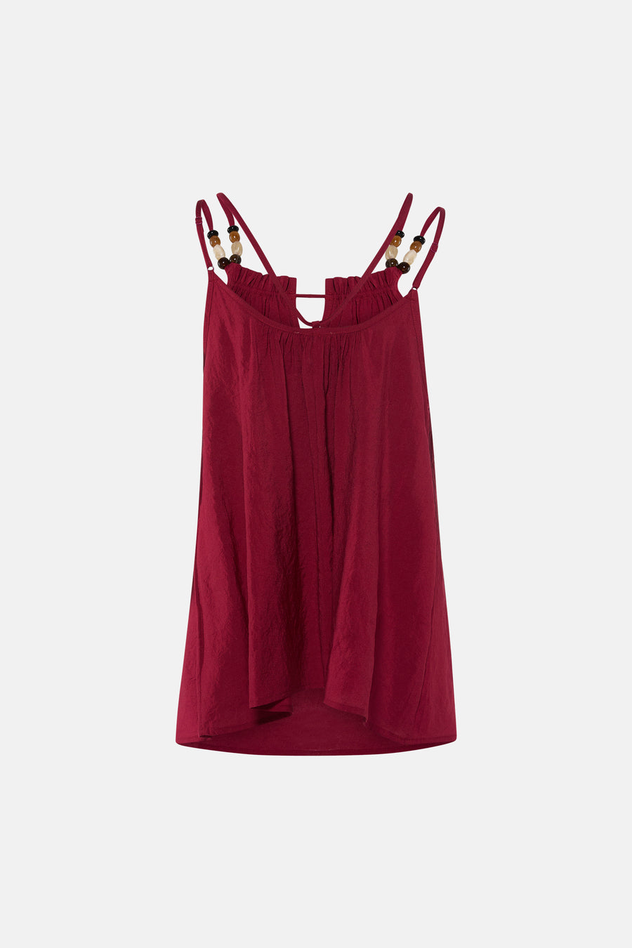 Rode mouwloze blouse van ADORE met gekruiste bandjes en houten kralen, lichte textuur, vooraanzicht