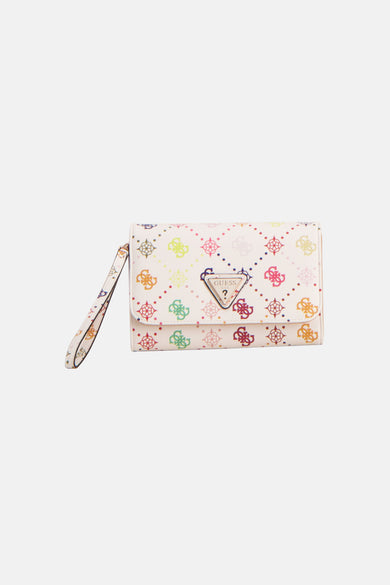 Portefeuille multicolore Guess avec imprimé logo intégral et dragonne.