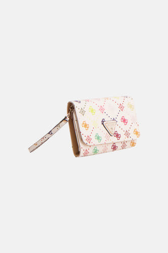 Portefeuille multicolore Guess, avec un imprimé logo coloré et une dragonne.